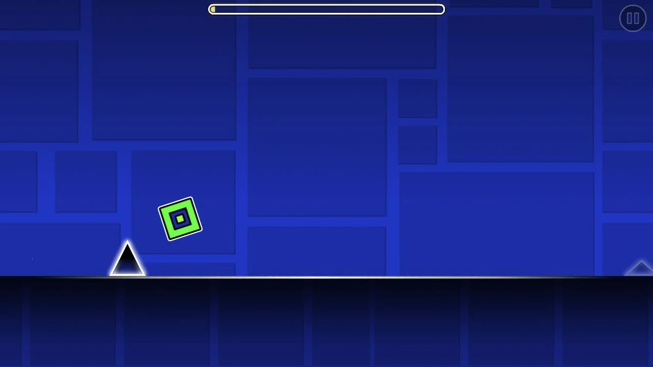 Stereo Madness: a green cube airborne beyond a single spike, with open floor ahead.